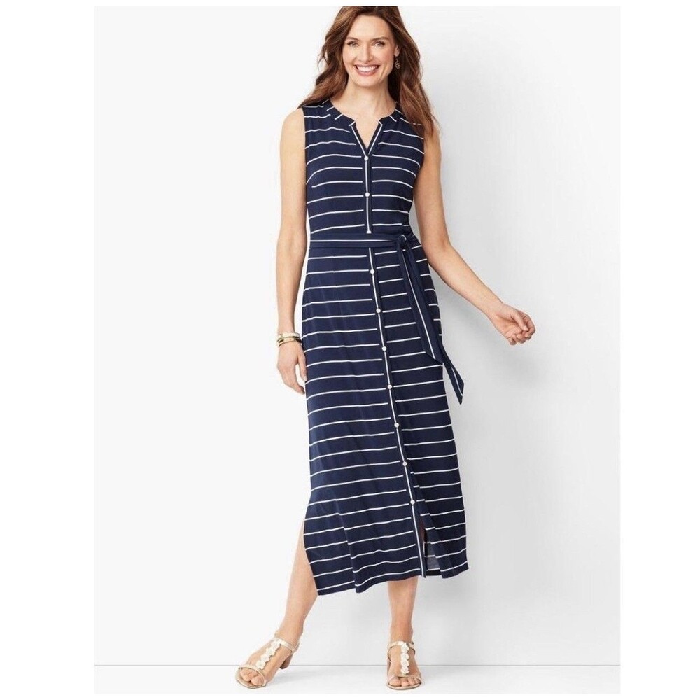Talbots Button Front Stripe Jersey Maxi Dress XS Navy White Belted Pockets